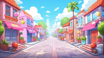 Obraz premium Colorful cartoon street with vibrant buildings and lush trees under a clear sky