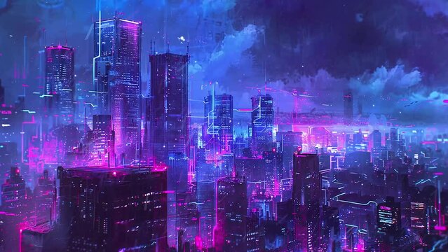 digital painting of a futuristic cityscape with neon light. seamless looping overlay 4k virtual video animation background