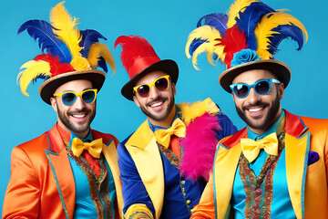 Group of people happy men in carnival  coloful costume on color background