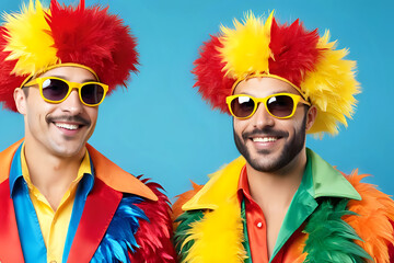 Group of people happy men in carnival  coloful costume on color background