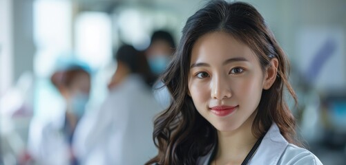 an Asian woman doctor as she poses for a portrait in a hospital environment, embodying the commitment to patient well-being.