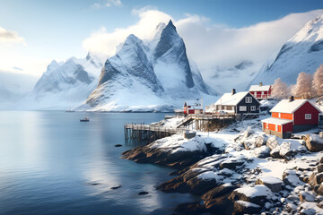 Beautiful winter landscape with fishing village in Lofoten islands, Norway. winter houses on the...