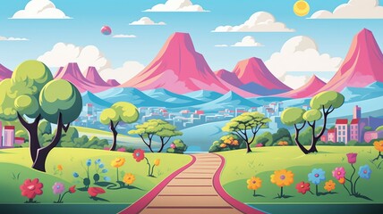 Obraz na płótnie Canvas cartoon landscape with mountains, green fields, and a clear sky