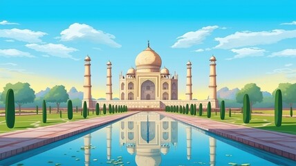cartoon Majestic palace with minarets amidst lush gardens under a clear sky