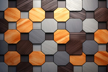 hexagonal colored mosaic background of different types of wood. abstract background geometric...