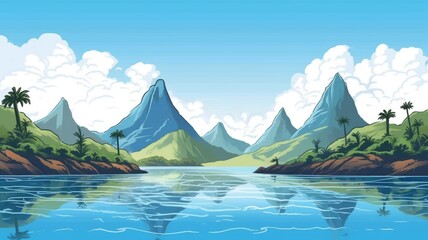 cartoon landscape with majestic mountains, tranquil lake, and lush greenery - obrazy, fototapety, plakaty