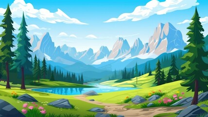 Vibrant cartoon  countryside cartoon with green fields and charming houses