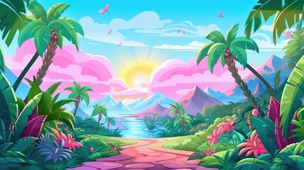 cartoon landscape with mountains, clear skies, and tropical flora
