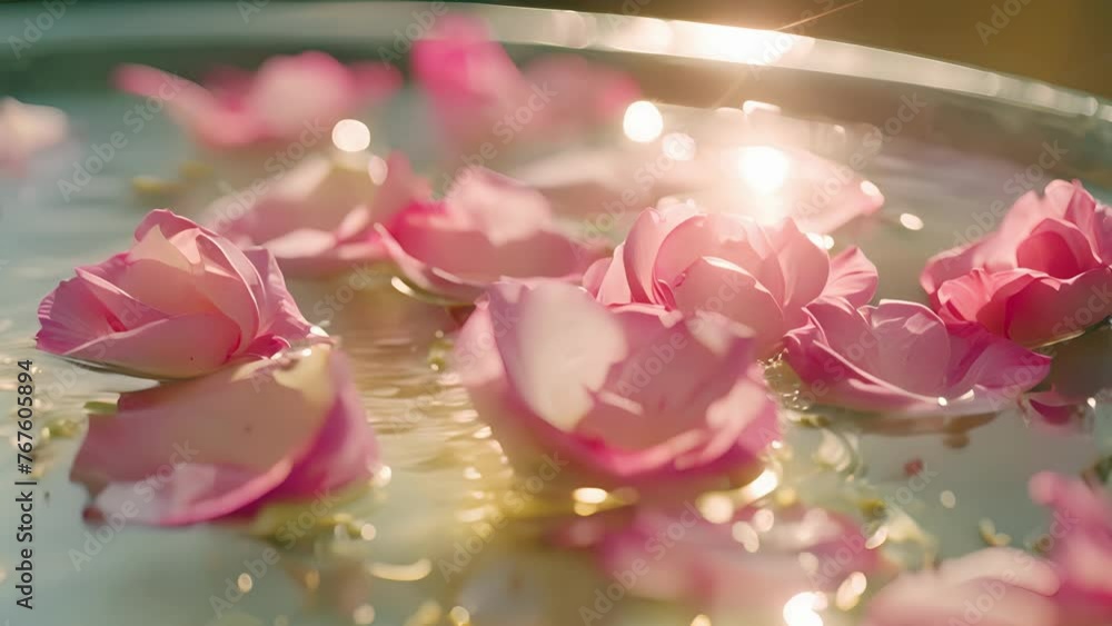 Poster delicate pink petals float in a shallow dish of water creating a serene setting for the preparation 