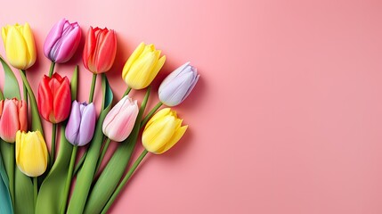 Colorful Tulip Flowers on Pink Background, Top View in Flat Lay Style. Multicolor Spring Flowers Greeting for Women's Day, Mother's Day, Valentine's Day, Wedding, Anniversary, or Spring Sale Banner - obrazy, fototapety, plakaty