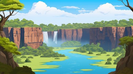 cartoon landscape with a waterfall, cliffs, lush greenery, and a clear blue sky