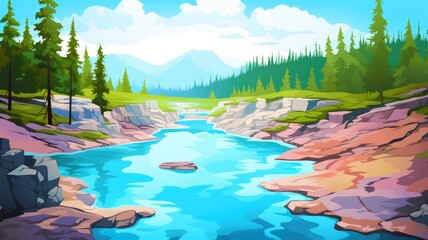 cartoon landscape with a reflective lake, lush greenery, and rocky terrain under a clear sky