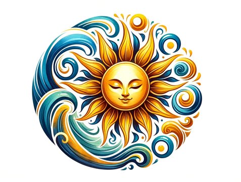 Watercolor style illustration for the sinhala new year with a stylized sun with face.
