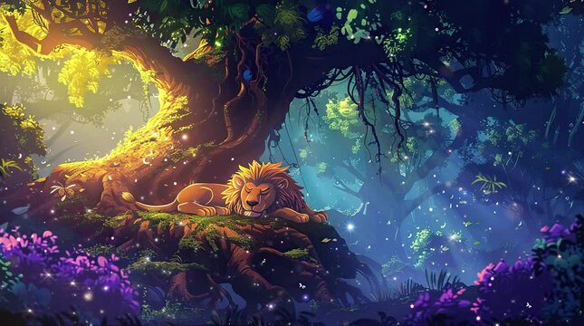 Majestic lion peacefully slumbering beneath a mystical fantasy tree
  Seamless looping 4k time-lapse virtual video animation background. Generated AI