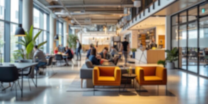 Defocused image of a lively modern co-working area with people and indoor plants. Resplendent.