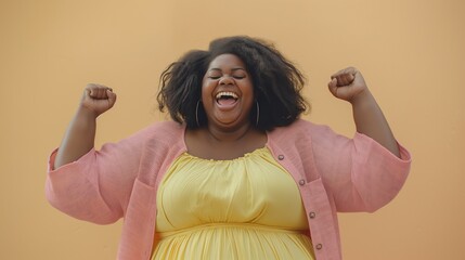 Happy overweight african american woman loves herself and accepts herself, body positivity. Win the lottery, get lucky
