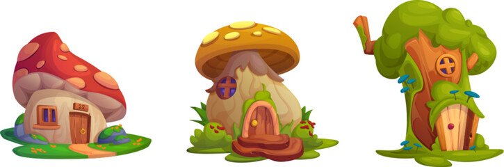 Cute fairy tale mushroom gnome or elf house vector set. Fantasy fairytale forest building for magic dwarf or hobbit with window, fungus roof and porch. Isolated vegetable village cottage illustration