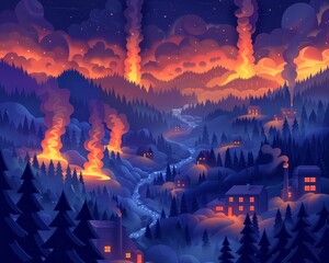 Wildfires Dark Stormy Vector Illustration Inspirational Isometric Graphics - obrazy, fototapety, plakaty