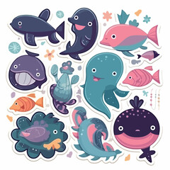 Cute cartoon sea animal stickers. Flat design cartoon