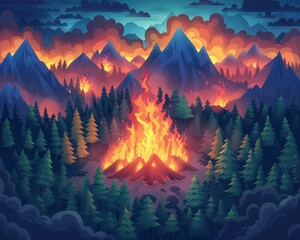 Wildfires Dark Stormy Vector Illustration Inspirational Isometric Graphics - obrazy, fototapety, plakaty
