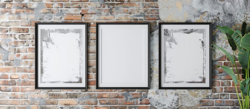 Interior decor mock up featuring black wooden frames placed on a decorative brick wall.