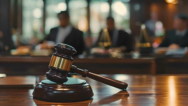 A courtroom scene with two lawyers presenting their arguments to a judge. The focus is on the judges gavel symbolizing the authoritative role of the court in ensuring a fair
