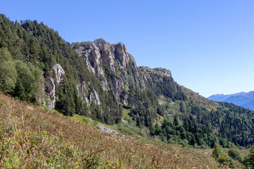 Autumn panorama of the mountainous area from the road leading to the mountains, forest and landscape