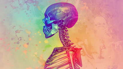 depicting a detailed anatomical study of a skeleton, with each bone labeled and color-coded to represent different parts of the body, resembling a rainbow spectrum.