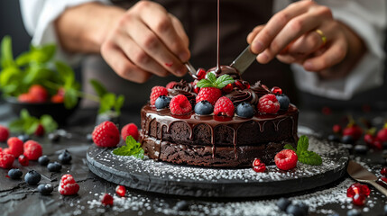 Obraz na płótnie Canvas Chocolate Cake With Chef Hand Background