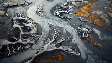 desert land with dry river beds. natural landscape from an airplane flight height. abstract background texture.top view