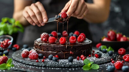 Chocolate Cake With Chef Hand Background