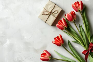Red Tulip Flowers Bouquet and Gift Box on White Background. Grunge Texture Wall with Bright Red Tulips Against Textured White Background.