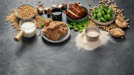 Fototapeta na wymiar Soy products on black background. Vegan healthy food