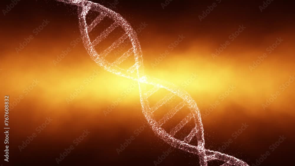 Poster loop 3d dna chain rotation on dark fire background.