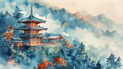 Traditional japanese temple on the hill. Watercolor painting illustration. Generative AI