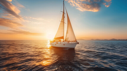 Sailboat in the ocean during sunset golden hour.