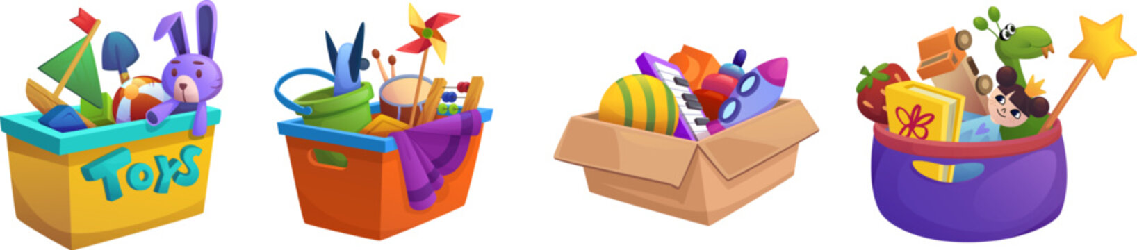 Kid toy box with gift for play isolated vector. Baby child ball, car, doll and rocket stuffed in full package for donation. Plush rabbit animal with drum in cardboard container in kindergarten or shop