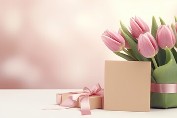 Pink Tulip Flowers Bouquet and Gift Box with Blank Card for Message. Studio Shot, Photography for Mother's Day, Women's Day, Wedding, Anniversary, Birthday Greetings Card.
