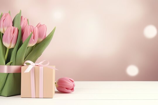Pink Tulip Flowers Bouquet and Gift Box with Blank Card for Message. Studio Shot, Photography for Mother's Day, Women's Day, Wedding, Anniversary, Birthday Greetings Card.