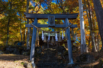 Fototapeta na wymiar 日本の風景　秋の長野　紅葉見頃の横谷渓谷（横谷峡）　木戸口神社