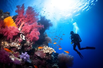 Scuba Diving, Diver swimming in water Ocean, HD, Banner Wallpaper, Ocean life Fishes, Coral reef