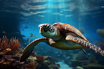 Fototapeta premium Sea turtle swimming in water Ocean, HD, Banner Wallpaper, Ocean life Fishes, Coral reef