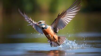 Kingfisher hunting on the surface of water