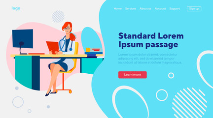 Female doctor at her workplace. Woman in white coat at computer, practitioner flat vector illustration. Medical occupation, hospital concept for banner, website design or landing web page