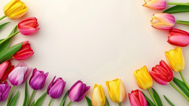 Colorful Tulip Flowers Frame Border on White Background. Springtime Holiday Card Design with Copy Space for Text