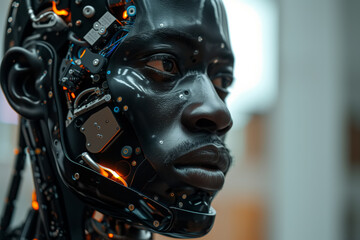 Technologies of the future, close-up of a cyborg man with high-tech prosthetics in his head