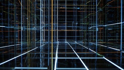 Nighttime Urban Center: A modern glass and steel building illuminated against the dark sky, showcasing technology and business in the city