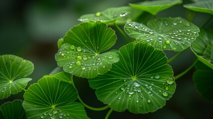 water drop on gotu kola, Asiatic pennywort, centella asiatica, ayurveda herbal medicine. green plant banner. - obrazy, fototapety, plakaty