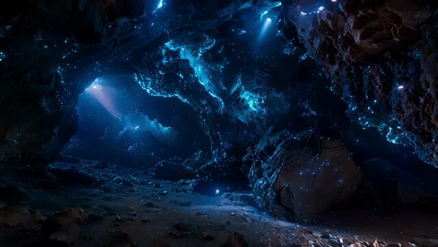 In this haunting image the faint glow of bioluminescent creatures illuminates the shadows of the abyss. Hidden a the rocks and sediment strange and exotic creatures can be