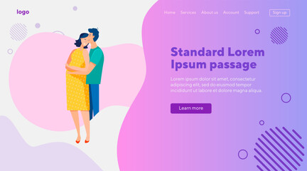 Happy pregnant couple hugging and smiling. Young man and woman expecting baby flat vector illustration. Pregnancy, parenthood, love concept for banner, website design or landing web page